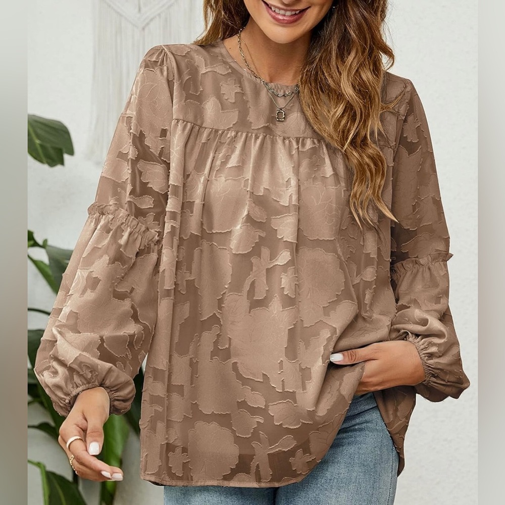 Viracy Women's lantern long-sleeved blouses, round neck, double layer, lace,